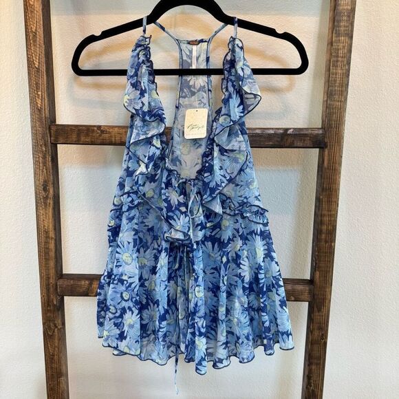 NWT Free People Blue Coastal Combo Ruffle Fearless Knit Tank Top - Picture 4 of 8